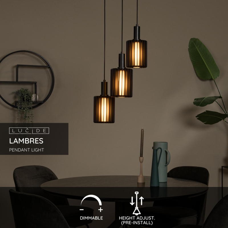 Lucide LAMBRES - Závesné svietidlo - 3xE27 - Čierne